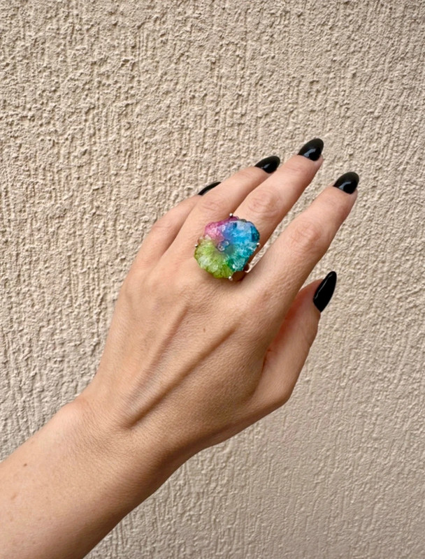Amazing Natural Solar Crystal Quartz Sterling silver ring size N, Rainbow