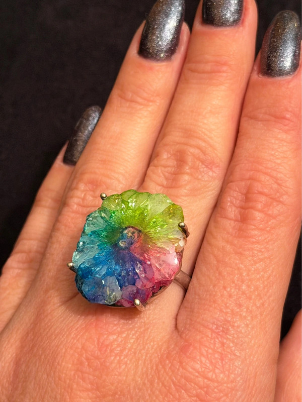 Amazing Natural Solar Crystal Quartz Sterling silver ring size N, Rainbow