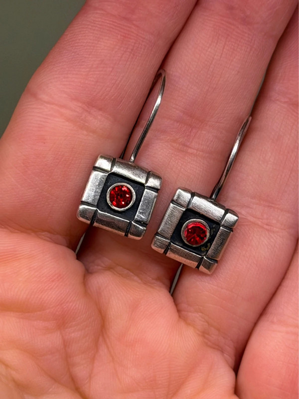 Vintage 925 Sterling Silver Garnet Glass Drop Earring#4