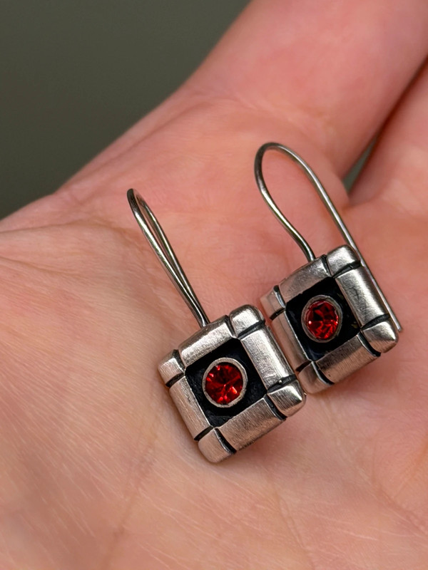 Vintage 925 Sterling Silver Garnet Glass Drop Earring#4