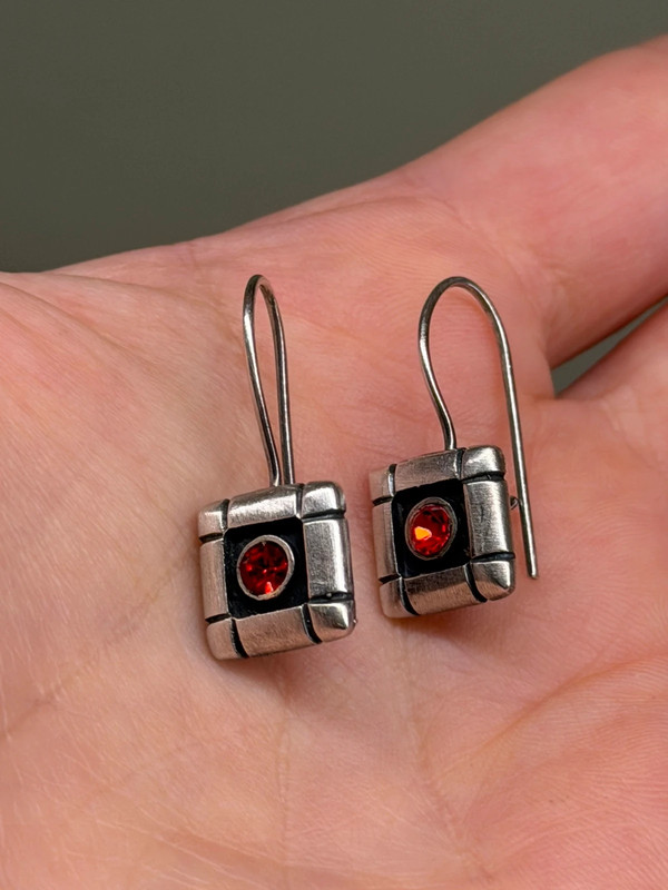 Vintage 925 Sterling Silver Garnet Glass Drop Earring#4