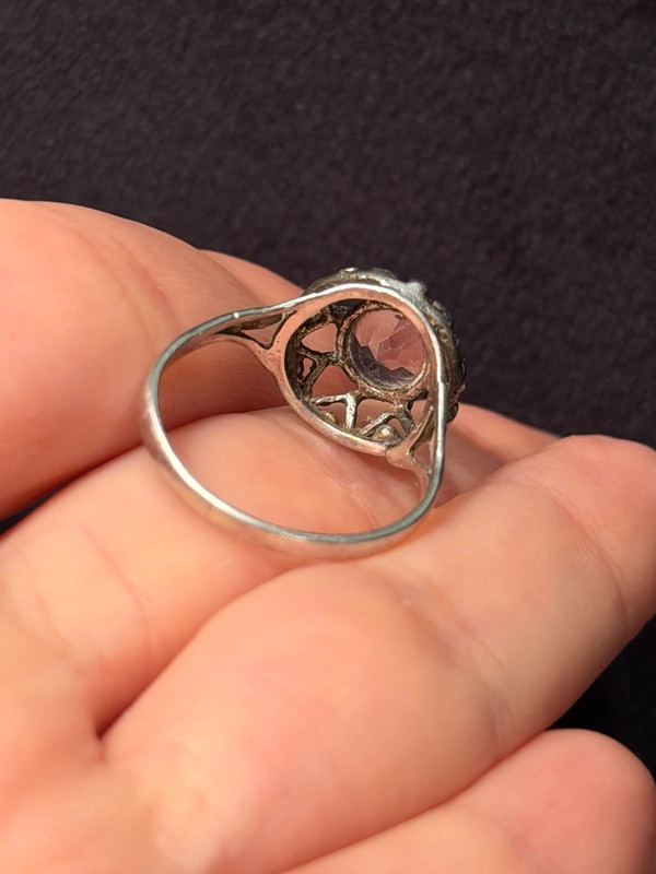 Vintage rose quartz silver ring , M UK#114