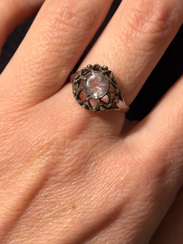 Vintage rose quartz silver ring , M UK#114