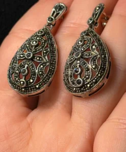 Vintage Sterling Silver Marcasite Drop Post Earrings stud#122