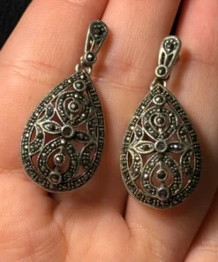 Vintage Sterling Silver Marcasite Drop Post Earrings stud#122