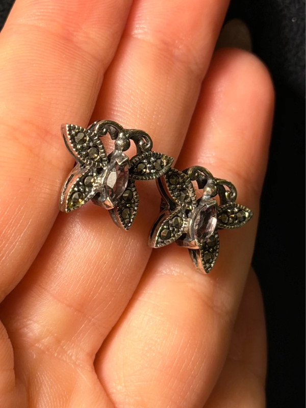 vintage sterling silver 925 amethyst marcasite butterfly stud earrings#22