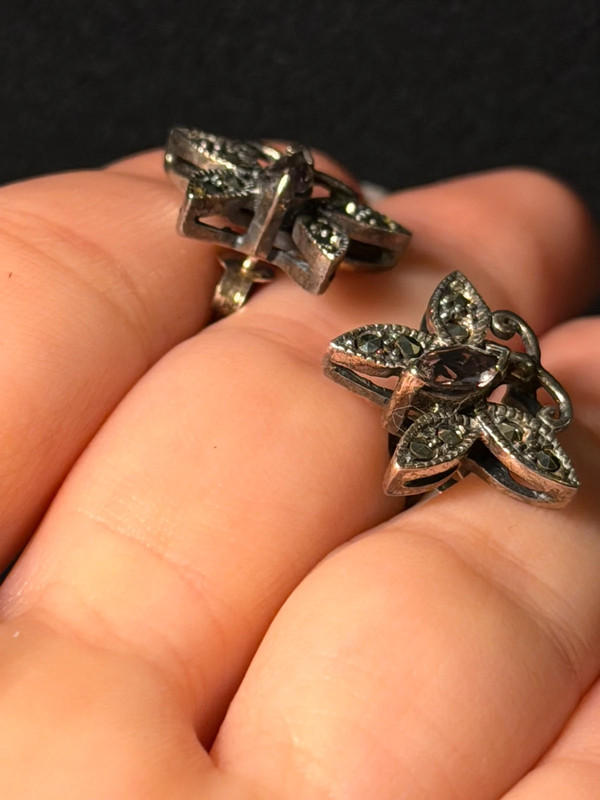 vintage sterling silver 925 amethyst marcasite butterfly stud earrings#22