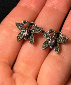 vintage sterling silver 925 amethyst marcasite butterfly stud earrings#22