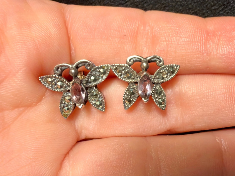 vintage sterling silver 925 amethyst marcasite butterfly stud earrings#22