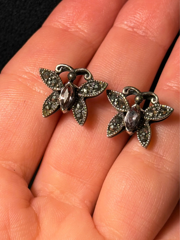 vintage sterling silver 925 amethyst marcasite butterfly stud earrings#22
