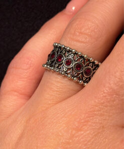 Armenian Sterling Silver Ring With Red Stones Uk Size L( Adjustable)