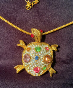 Necklace Turtle Tortoise Gold Pink GreenCrystal