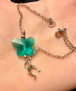 925 Sterling Silver Green Cz Butterfly Horseshoe Drop Bracelet -16cm