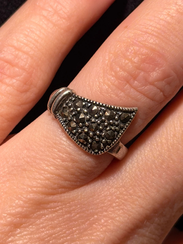 925 Sterling Silver Vintage 90s Ukraine Real Marcasite Gemstone Ring UK J 1/2 (#14)