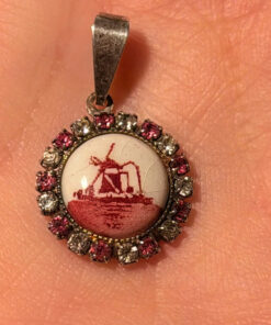 Vintage Tested Silver Paste Holland Windmill Porcelain Pendant