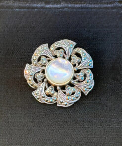 Vintage Sterling Silver Cats Eye & Marcasite Brooch#142