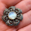Vintage Sterling Silver Cats Eye & Marcasite Brooch#142