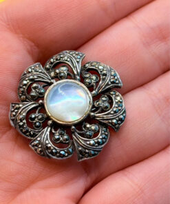 Vintage Sterling Silver Cats Eye & Marcasite Brooch