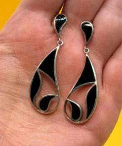Vintage Sterling Silver Onyx Dangle Earrings#144