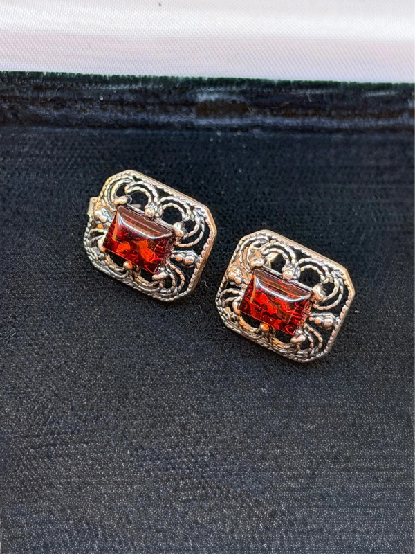 Vintage Cherry amber Studs, Dangle Earrings - Magic Squares #144