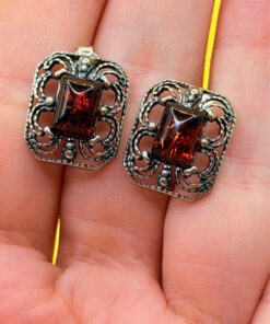 Vintage Cherry amber Studs, Dangle Earrings - Magic Squares #144