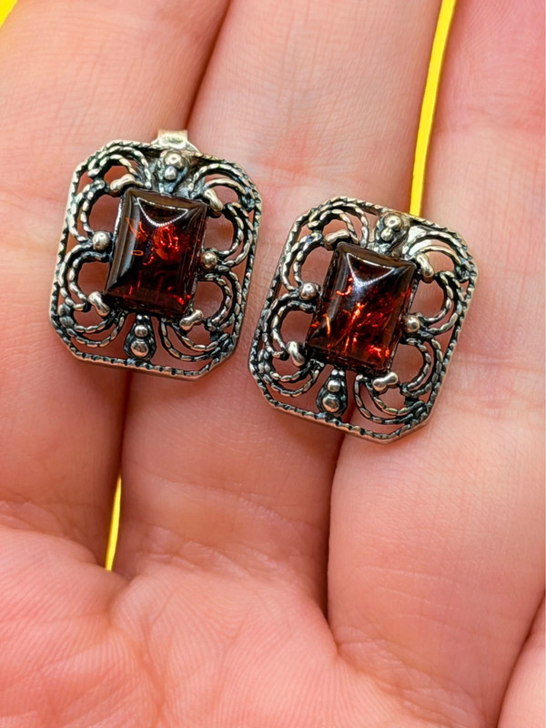 Vintage Cherry amber Studs, Dangle Earrings - Magic Squares #144