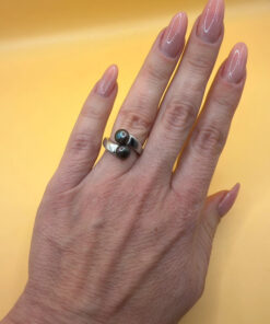 Sterling silver ring with round rare Tahitian pearls – size K