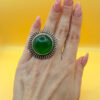 Vintage round green onyx filigree pure silver ring Uk size L