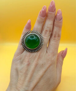 Vintage round green onyx filigree pure silver ring Uk size L