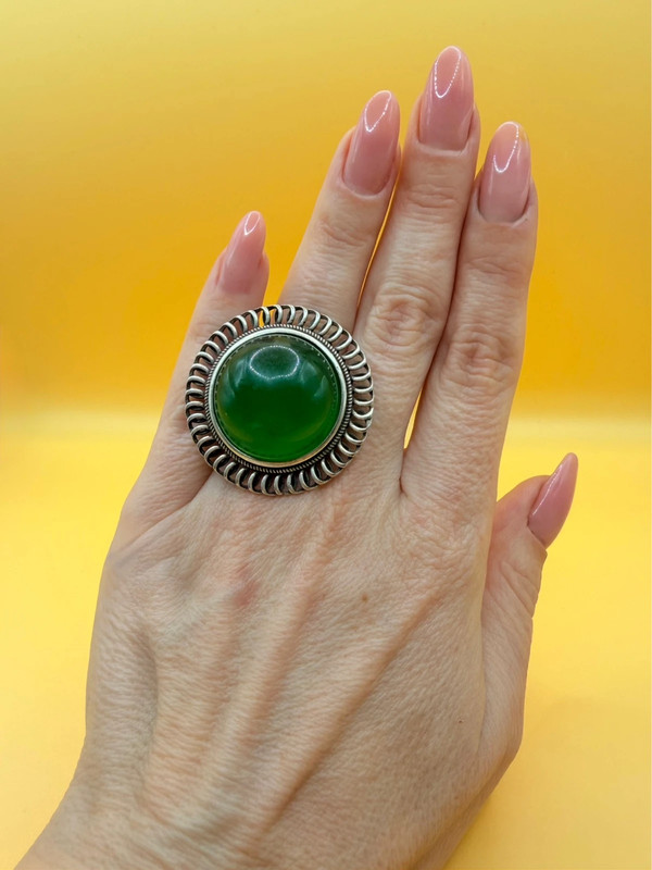 Vintage round green onyx filigree pure silver ring Uk size L