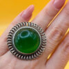 Vintage round green onyx filigree pure silver ring Uk size L