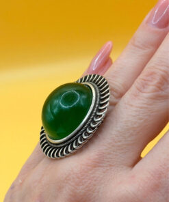 Vintage round green onyx filigree pure silver ring Uk size L