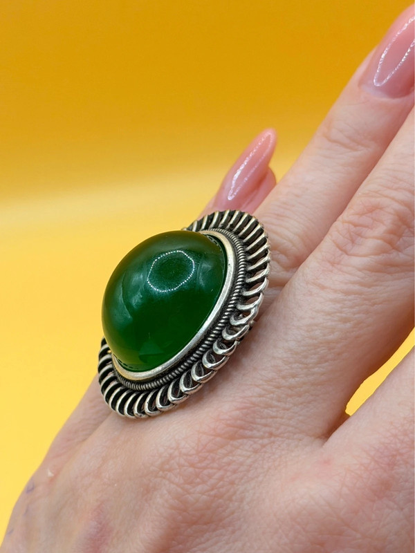 Vintage round green onyx filigree pure silver ring Uk size L