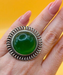 Vintage round green onyx filigree pure silver ring Uk size L
