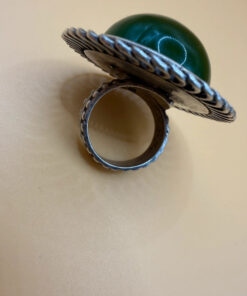 Vintage round green onyx filigree pure silver ring Uk size L