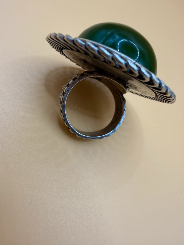 Vintage round green onyx filigree pure silver ring Uk size L