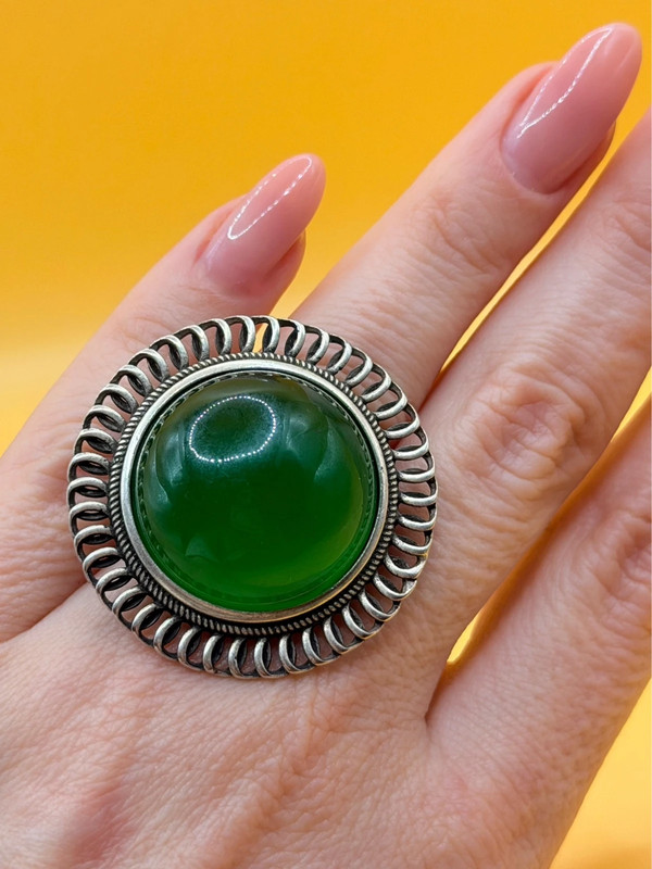 Vintage round green onyx filigree pure silver ring Uk size L