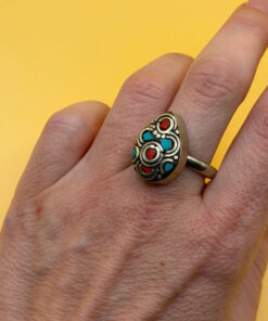 Tibetan silver plated ring with turquoise and coral, size U