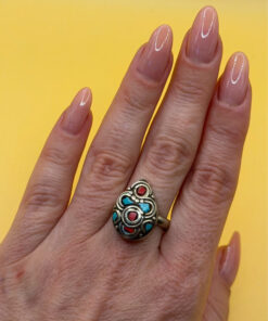 Tibetan silver plated ring with turquoise and coral, size U