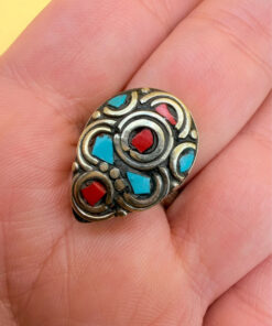 Tibetan silver plated ring with turquoise and coral, size U