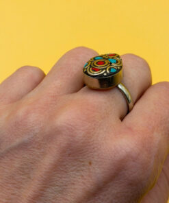 Tibetan silver plated ring with turquoise and coral, size U