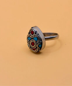 Tibetan silver plated ring with turquoise and coral, size U