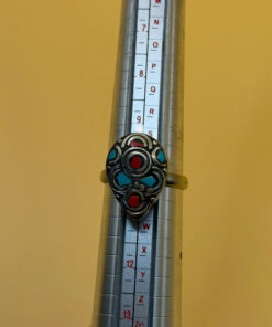 Tibetan silver plated ring with turquoise and coral, size U