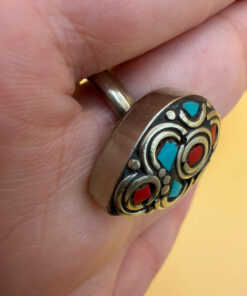 Tibetan silver plated ring with turquoise and coral, size U