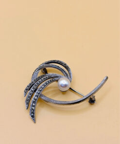 Sterling silver brooch with marcasite and pearls, Flower brooch, Brooch with leaf#153