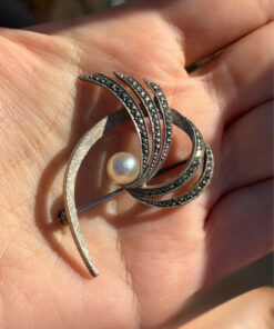 Sterling silver brooch with marcasite and pearls, Flower brooch, Brooch with leaf