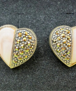 Vintage Silver, Marcasite and Mother of Pearl Heart Earrings #21