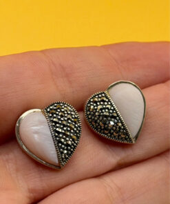 Vintage Silver, Marcasite and Mother of Pearl Heart Earrings #21