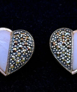 Vintage Silver, Marcasite and Mother of Pearl Heart Earrings