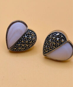 Vintage Silver, Marcasite and Mother of Pearl Heart Earrings